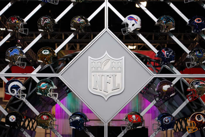 Jan 27, 2020; Miami, Florida; USA; General overall view of the NFL Shield logo and helmets at the NFL Experience at the Miami Beach Convention Center.
